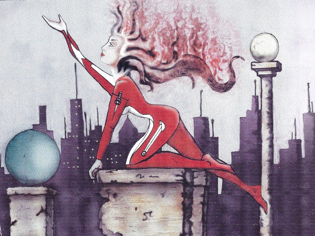 drawing of futuristic woman reaching to the sky